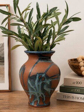 SIGNED Prisca Studio Pottery Vase Blue Drip Glaze Terracotta Art Ceramic 7.5”
